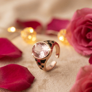 Maris Round Pink Gemstone Checkered Cocktail Adjustable Ring-Gold Finish