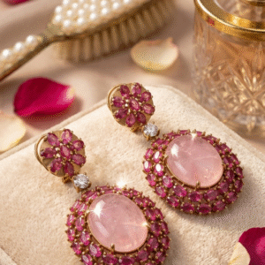 Majestic Luxury Pink Tourmaline And Quartz Drop Ruby Floral Earrings-Antique Finish