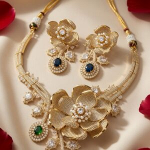 The Heirloom Elegant Imperial Blossom Designer Floral Necklace With Emerald Accent Choker Set-Gold Finish