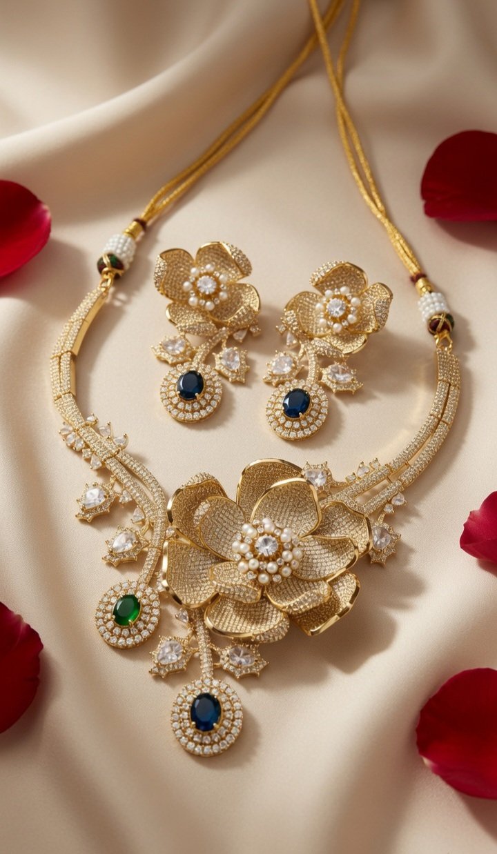 The Heirloom Elegant Imperial Blossom Designer Floral Necklace With Emerald Accent Choker Set-Gold Finish