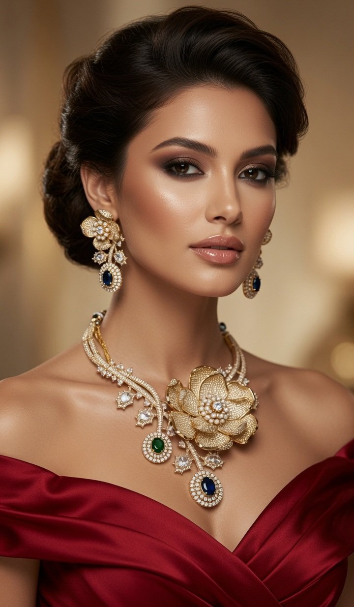 The Heirloom Elegant Imperial Blossom Designer Floral Necklace With Emerald Accent Choker Set-Gold Finish - Image 2