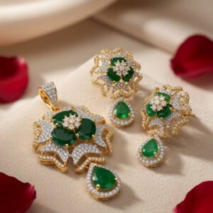 The Victoria Emerald Green Floral Pendant And Teardrop Earrings-Gold Finish