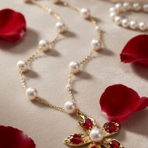 The Scarlett Blossom Ruby Red Floral And Pearl Pendant Necklace-Gold Finish