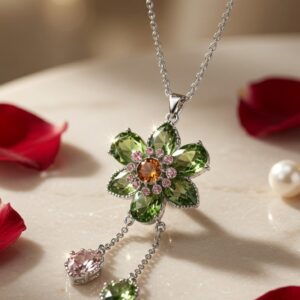 The Genevieve Peridot Blossom And Pink Crystal Dropper Necklace-Platinum Finish