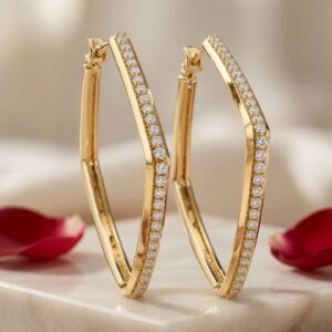 Valentina Geometric Rhombus Pavè Hoops Earrings-Gold Finish