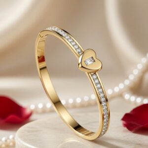 Valentina Baguette Heart Accent Hinge Kada Bracelet-Gold Finish