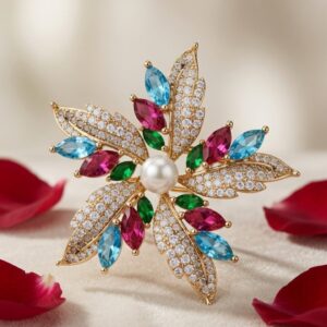 Aurelia Marquise Blue And Ruby Starburst Brooch-Gold Finish