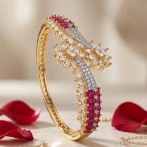 The Crimson Bloom Marquise Diamond And Ruby Crossover Kada Bracelet-Gold Finish