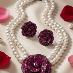 The Royale Rose Double-Strand Pearl And Ruby Necklace Set-Black Rhodium Finish
