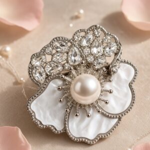 The Silver Opulence Empress Peral Floral Brooch-Platinum Finish