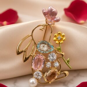 The Lapin And Papillon Bunny Topaz Aquamarine Brooch-Gold Finish