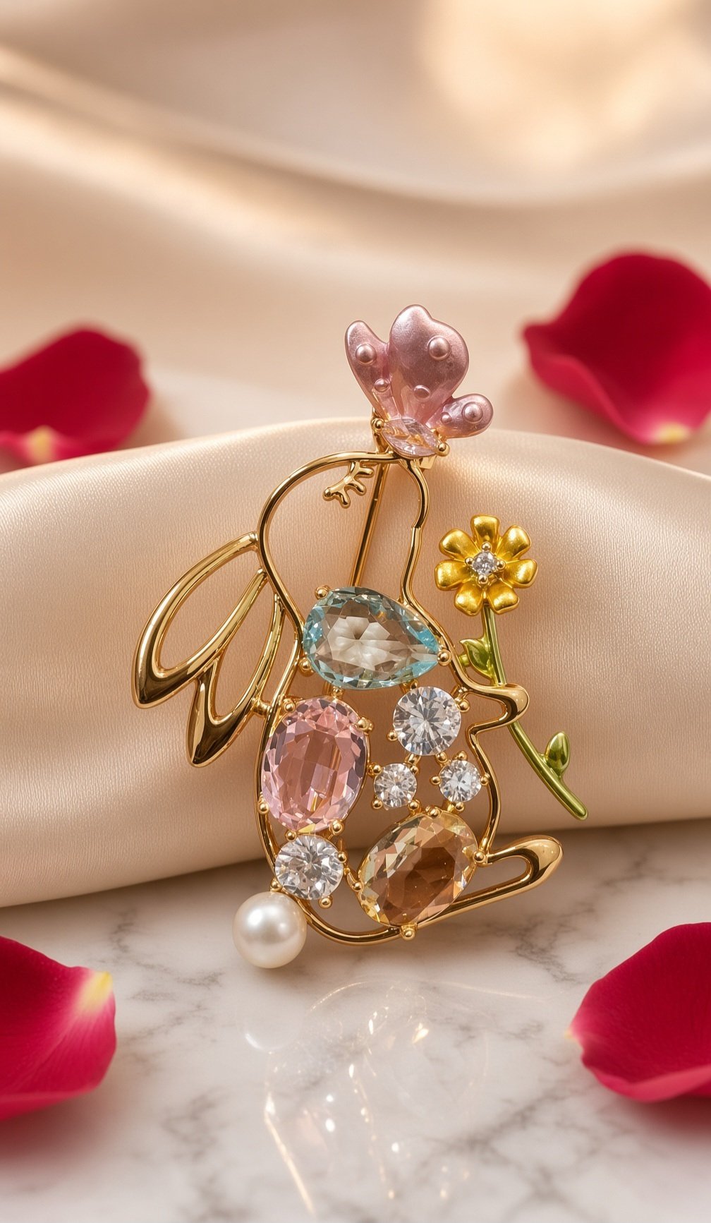 The Lapin And Papillon Bunny Topaz Aquamarine Brooch-Gold Finish