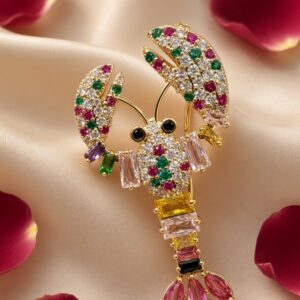 The Oceanic Crest Multi-Gemstone Losbster Brooch-Gold Finish