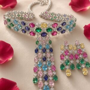 Imperial Rainbow Oval Gemstone Waterfall Choker Set-Platinum Finish