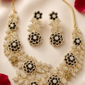 The Midnight Bloom Imperial Black And Diamond-Style Leaflet Botanical Zirconia Choker Set-Gold Finish