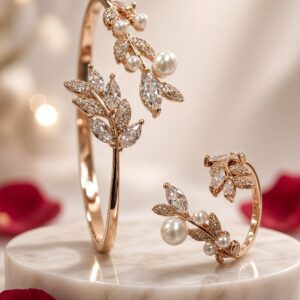The Botanical Radiance Pearl And Diamond-Style Kada Bracelet With Ring-Rose Gold Finish