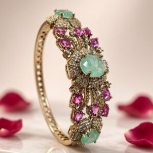 Imperial Verdant Blossom Pavè Diamond-Style Mint Green Kada Bracelet-Antique Finish