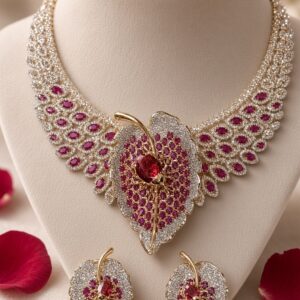 Ethereal Rose Ruby Foliage Luxury Leaf Diamond-Style Choker Set-Gold 3