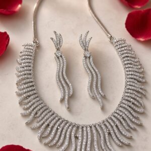 The Lumina Feathered Wave Diamond-Style Choker Set-Platinum Finish