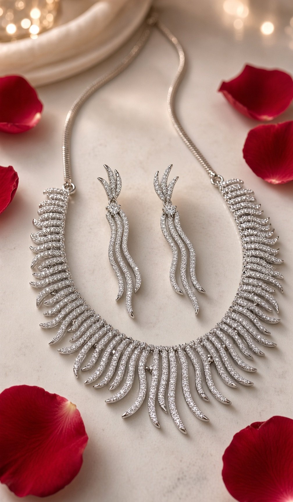 The Lumina Feathered Wave Diamond-Style Choker Set-Platinum Finish