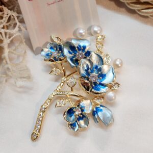 Blue Enamel Blossom CZ Brooch