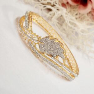 Leafy Golden Finished zirconia openable bracelet.