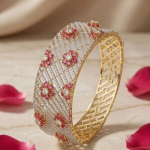 Flower Mesh Wine Red Bracelet- Golden Finish
