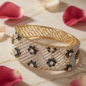 Flower Mesh Sapphire Blue Bracelet- Golden Finish