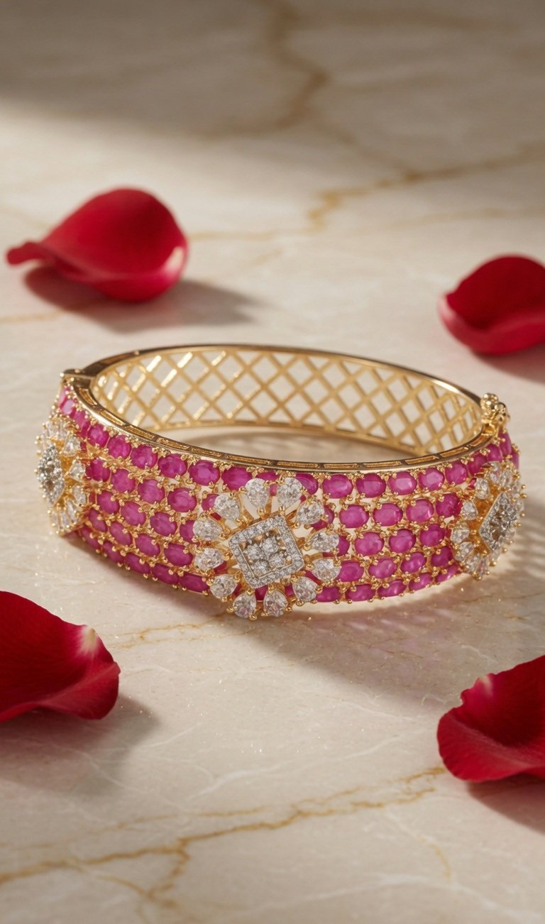 Floral Ruby Zirconia Golden Finish Bracelet