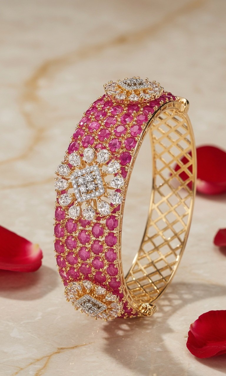 Floral Ruby Zirconia Golden Finish Bracelet - Image 2