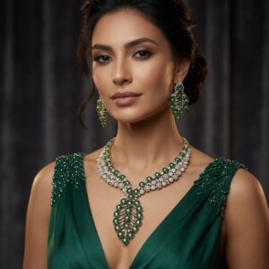Romantic Emerald Golden Finish Petal Choker Set