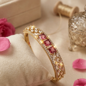 Ruby And Lattice Marquise Diamond-Style Hinged Kada Bracelet-Gold Finish
