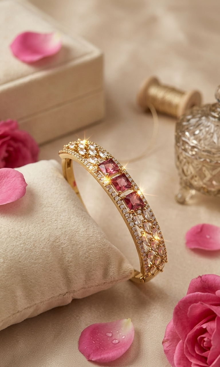 Ruby And Lattice Marquise Diamond-Style Hinged Kada Bracelet-Gold Finish