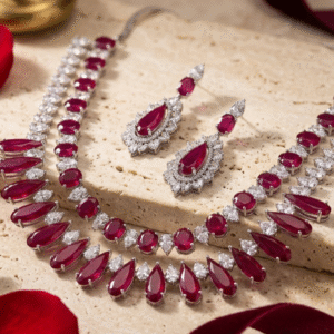 Deep Crimson Platinum Ruby Layered Collar Choker Set-Platinum Finish
