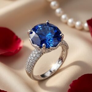 The Royal Sovereign Luxury Round-Cut Sapphire Blue Statement Ring-Platinum Finish