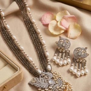 Meera Festive Bridal Jewelry Set With Smoky Beads Multi-Strand Pearl-Gold Finish