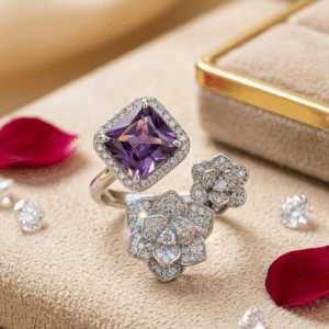 The Imperial Amethyst Toi Et Moi Double Flower Blossom Adjustable Ring-Platinum Finish