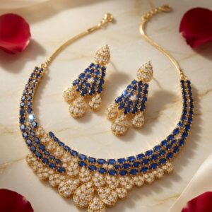 The Majestic Azure Intricate Sapphire-Style Bridal Choker And Chandelier Earrings-Gold Finish