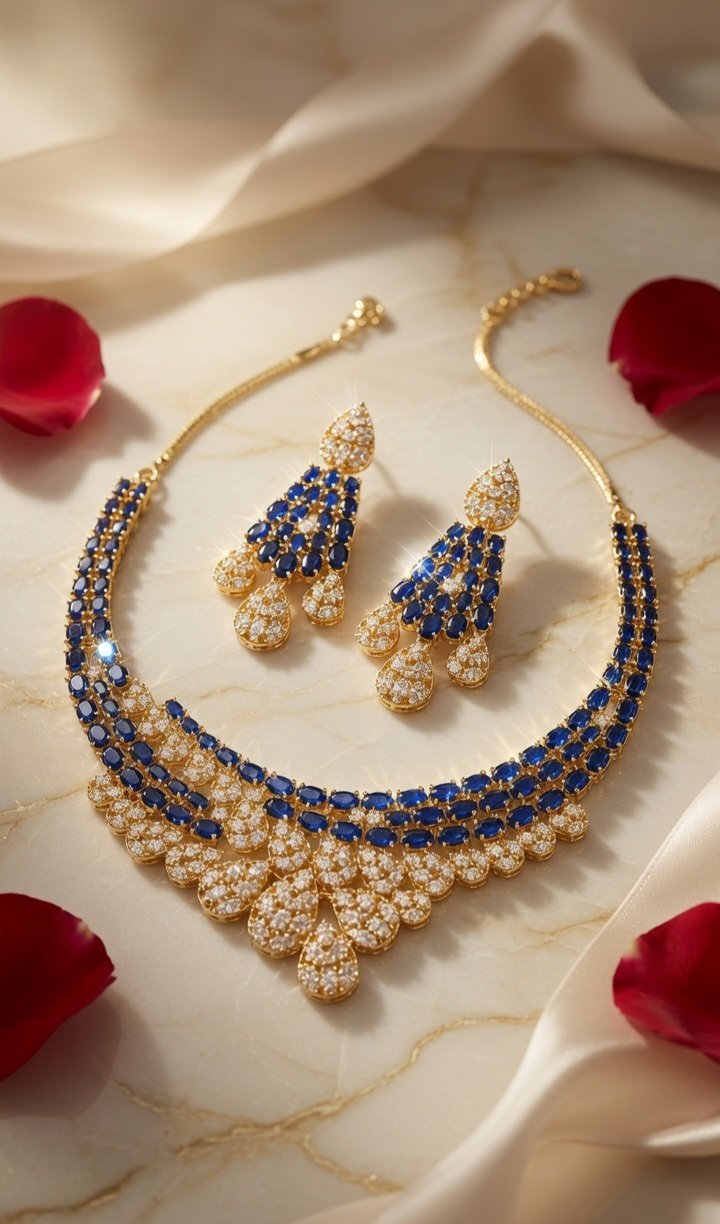 The Majestic Azure Intricate Sapphire-Style Bridal Choker And Chandelier Earrings-Gold Finish