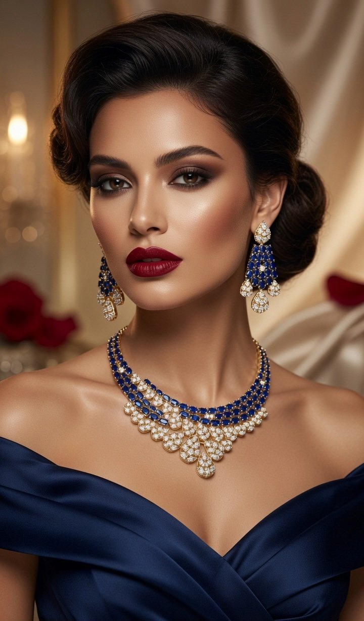 The Majestic Azure Intricate Sapphire-Style Bridal Choker And Chandelier Earrings-Gold Finish - Image 2