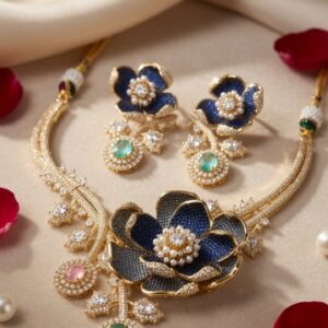 Serenade Of The Sea Luxury Asymmetric Blue Blossom Flower Choker Set With Pearls-Gold Finish