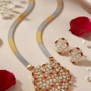 The Stella Mesh Contemporary Tri-Tone Woven Chain Necklace Set With Ruby Accents-Gold Finish