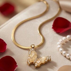 The Aurelia Citrine Butterfly Herringbone Chain Necklace-Gold Finish