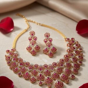 Devika Intricate Teardrop Royal Ruby Red And Pavè Diamond-Style Choker Set-Gold Finish
