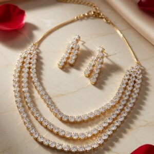 The Aurelia Three-Row Cubic Zirconia Tennis Necklace Set-Gold Finish