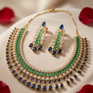 Imperial Peacock Emerald And Blue Sapphire Drop Choker Set-Gold Finish
