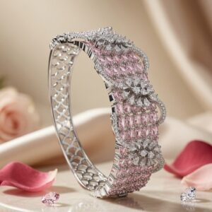 Elysian Petal Pink Cubic Zirconia Wide Cuff Bracelet-Platinum Finish