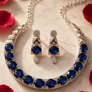 Imperial Cobalt Geometric Torque Sapphire Hasli Set-Platinum Finish