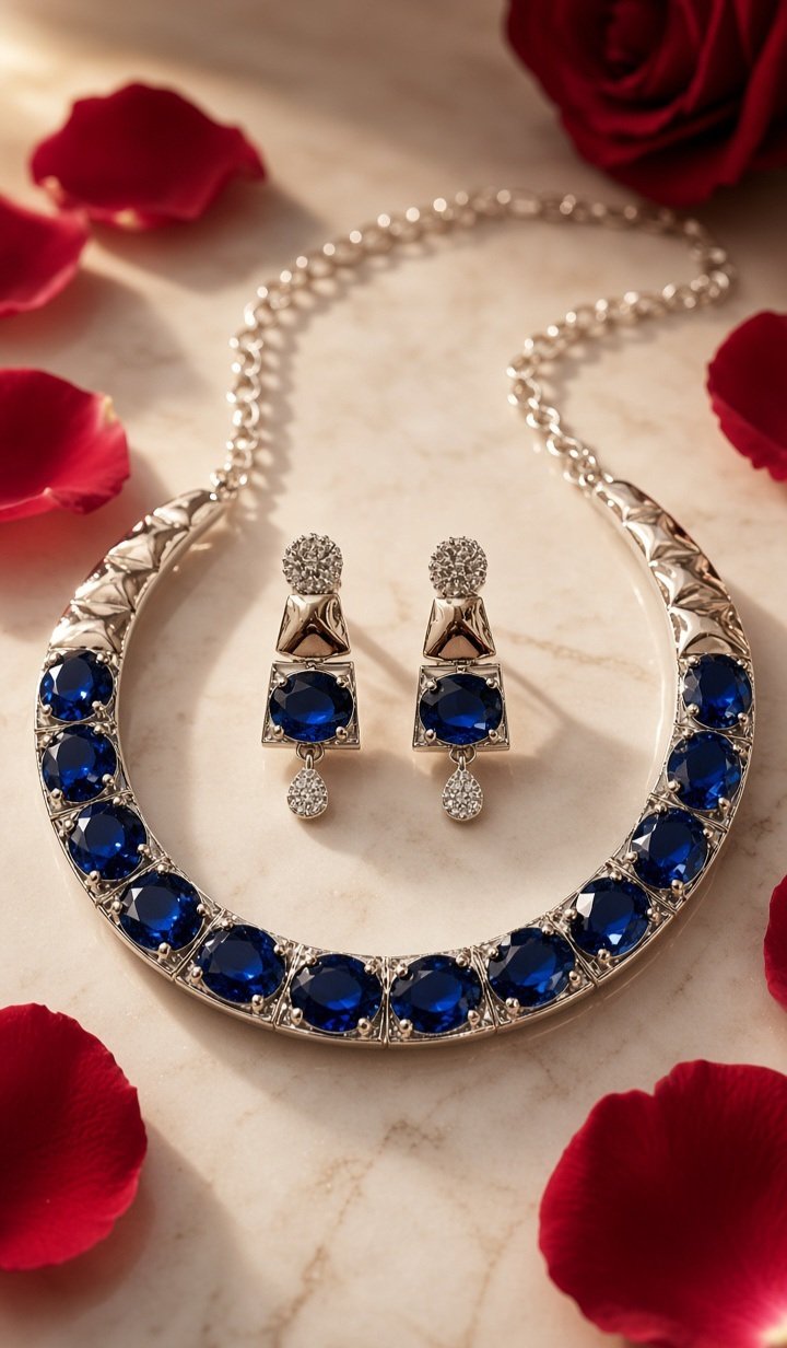Imperial Cobalt Geometric Torque Sapphire Hasli Set-Platinum Finish