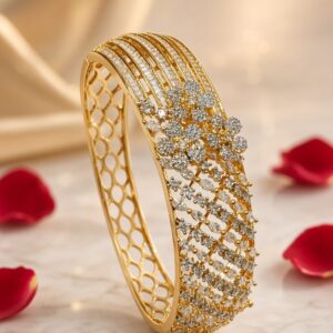The Sovereign Grandeur Floral Lattice Zirconia Kada Bracelet-Golden Finish
